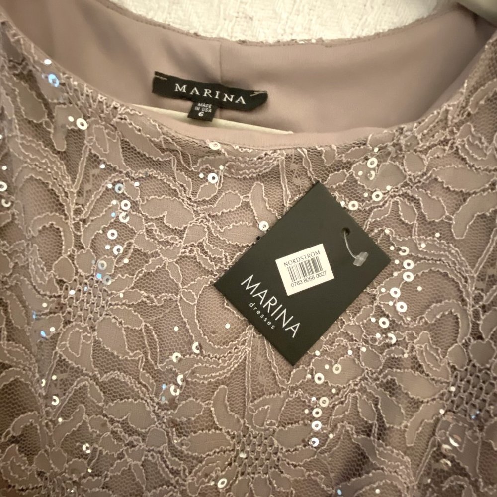 NWT Marina Sequin & Lace cocktail dress Taupe Sz 6